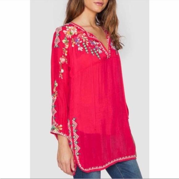 JOHNNY WAS Vanessa Cupro Blouse Red Embroidered Long Sleeve Tunic Top Medium - Picture 2 of 8
